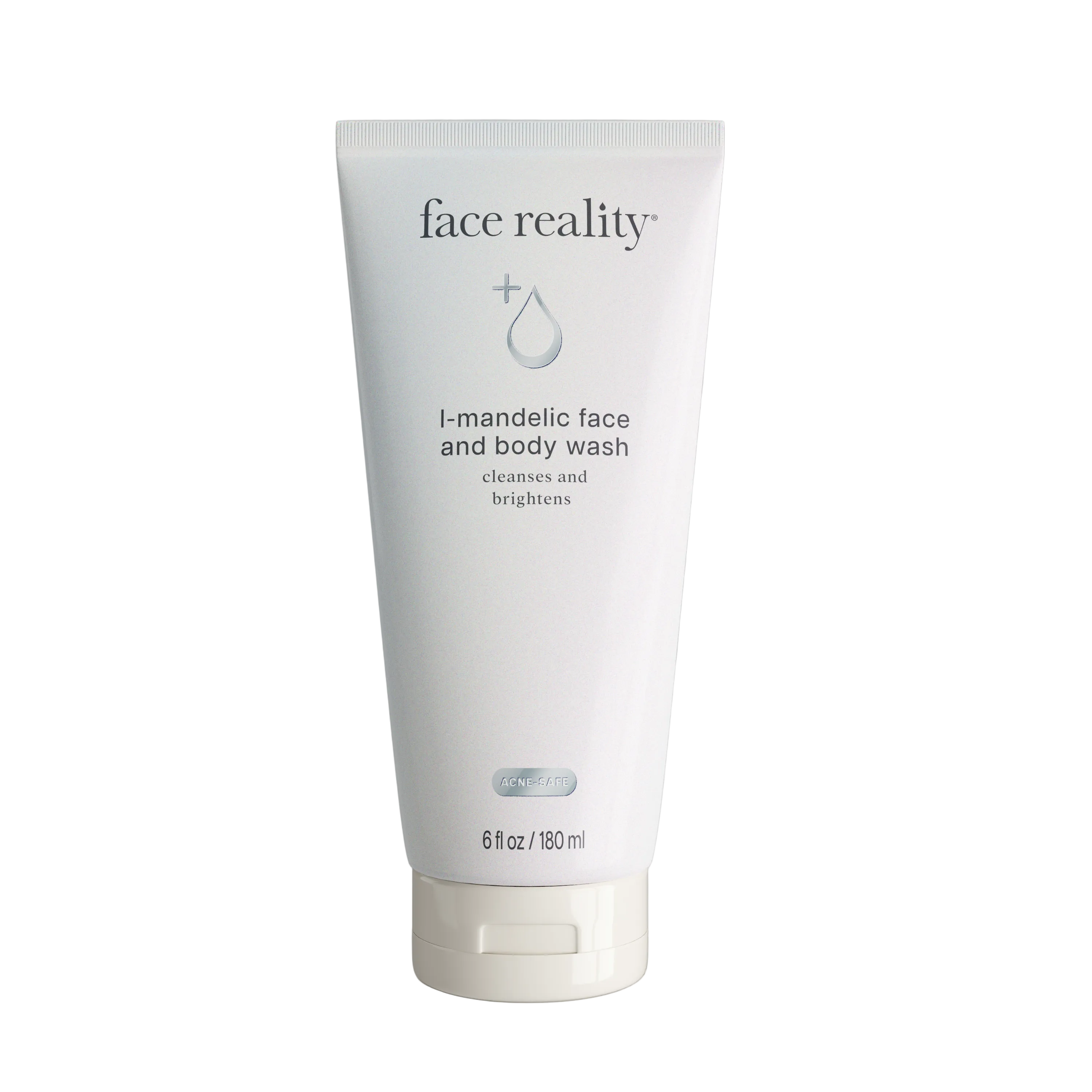 Tube of 'face reality' i-mandelic face and body wash on a gray background