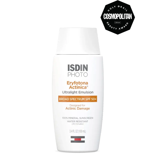 ISDIN Eryfotona Actinica Ultra-light Emulsion bottle on a white background with Cosmopolitan award badge.