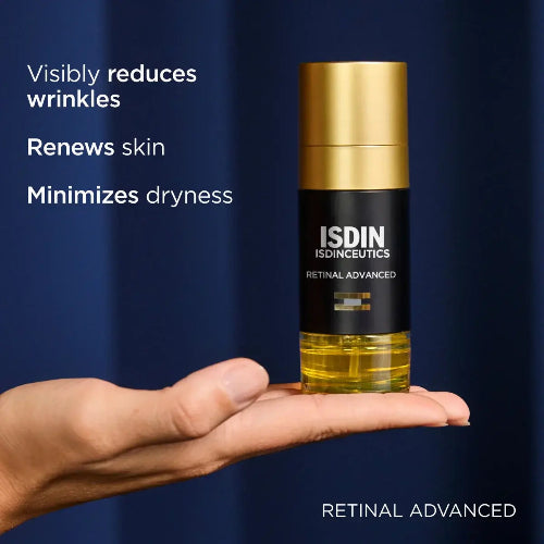 ISDIN skincare bottle held in a hand with product benefits text on a blue background
