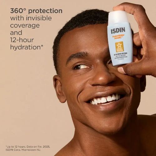 Man holding ISDIN sunscreen bottle with promotional text on a beige background