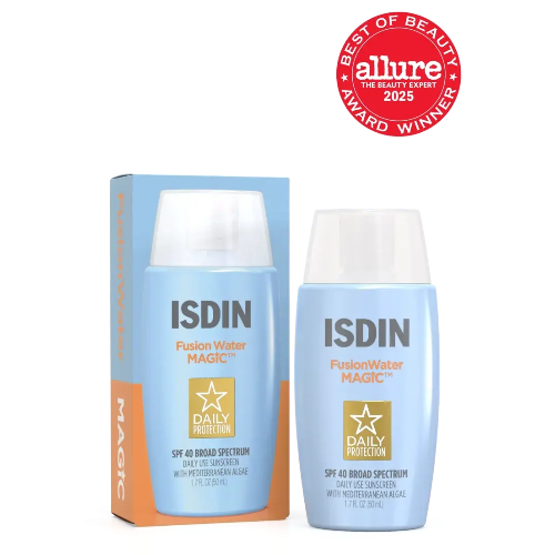 ISDIN Fusion Water Magic sunscreen bottle and packaging with Allure award badge on a white background