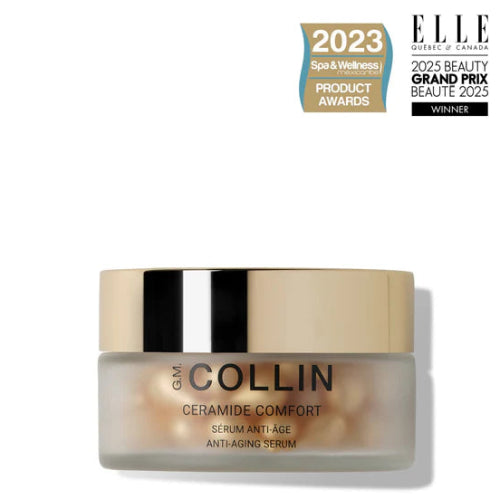 G.M. Collin Ceramide Comfort serum jar with awards on a white background